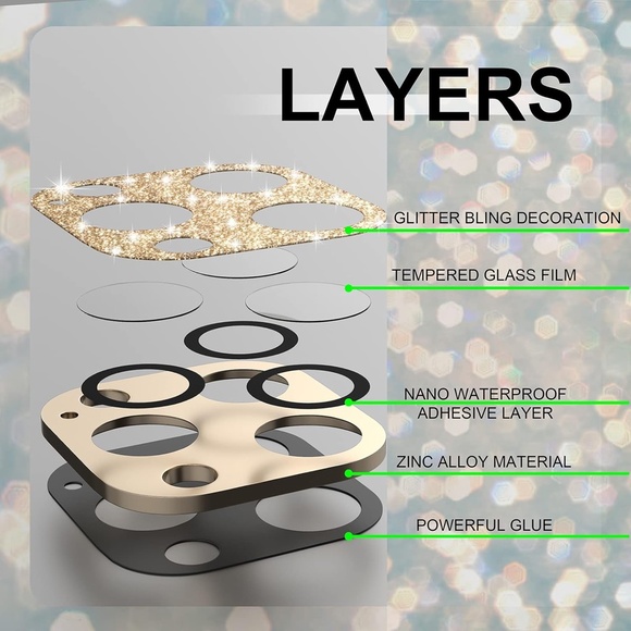 iPhone 13 Pro Glitter Camera Lens Cover + Lens Screen Protector, For 6.1 & 6.7 - Picture 7 of 9